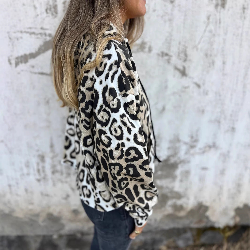 Damen Kapuzenpullover mit lässigem Leopardenmuster und praktischen Seitentaschen Heidi-Mode