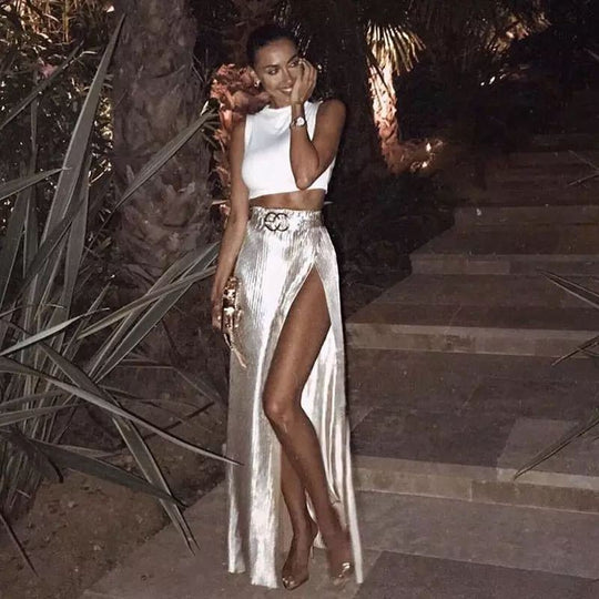 Damen Eleganter Maxi-Rock mit hochgeschnittenem Schlitz und schimmerndem Material Heidi-Mode
