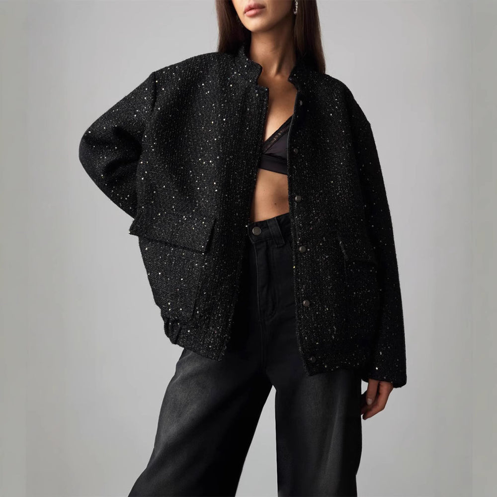 Damen Glitzerjacke mit praktischen Taschen und elastischem Saum Heidi-Mode
