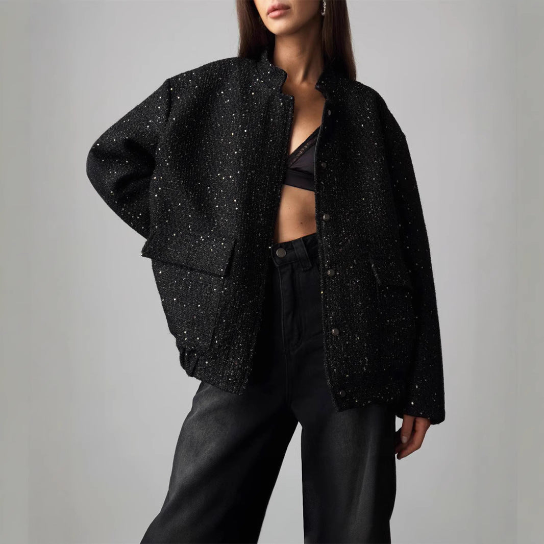 Damen Glitzerjacke mit praktischen Taschen und elastischem Saum Heidi-Mode