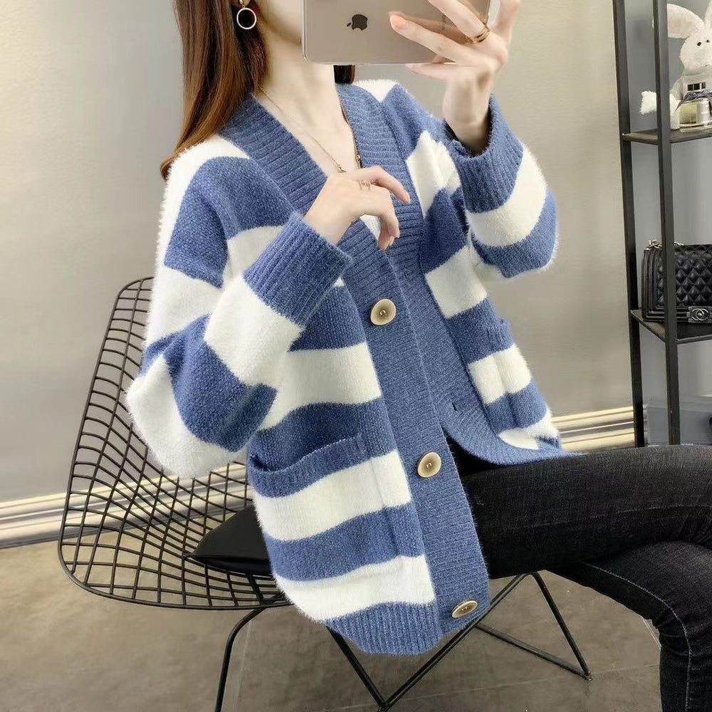 Damen Grobstrick-Cardigan mit Breton-Streifen und praktischen Taschen Heidi-Mode