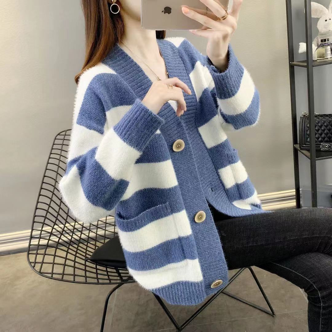 Damen Grobstrick-Cardigan mit Breton-Streifen und praktischen Taschen Heidi-Mode