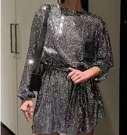 Damen Glitzerndes Minikleid mit langen Ärmeln und schimmerndem Oberstoff Heidi-Mode