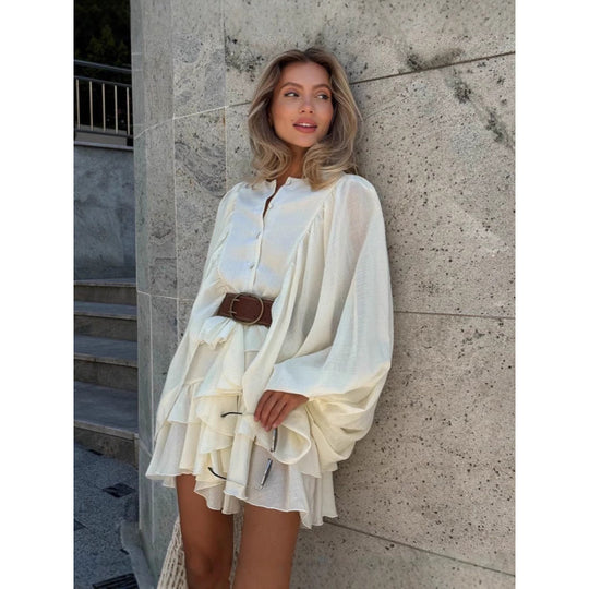 Damen Rüschenkleid mit weiten Ärmeln und modischen Details Heidi-Mode