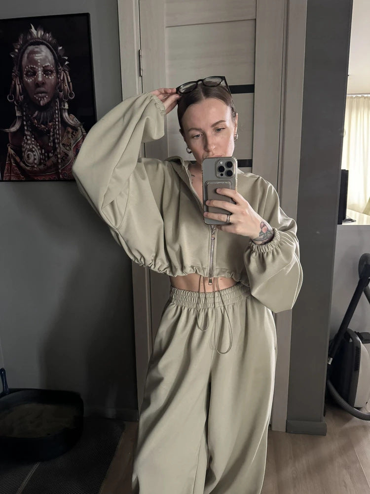 Damen Lässiger Cropped Hoodie mit hoher Taille und weitem Hosen Heidi-Mode