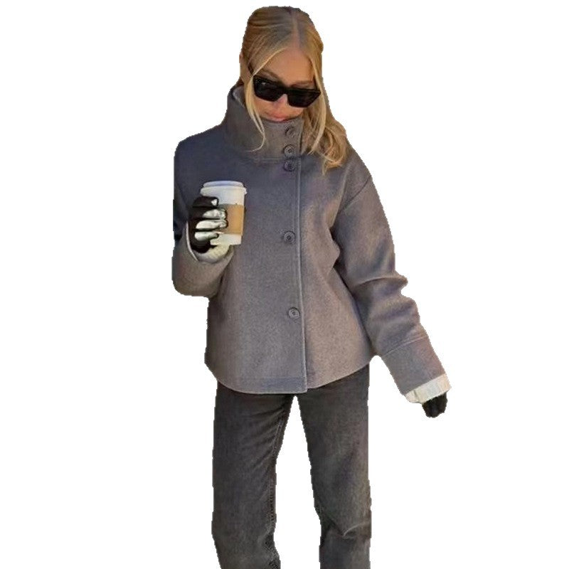 Damen Lässige Wolldecke-Jacke mit hohem Kragen und Knopfverschluss Heidi-Mode