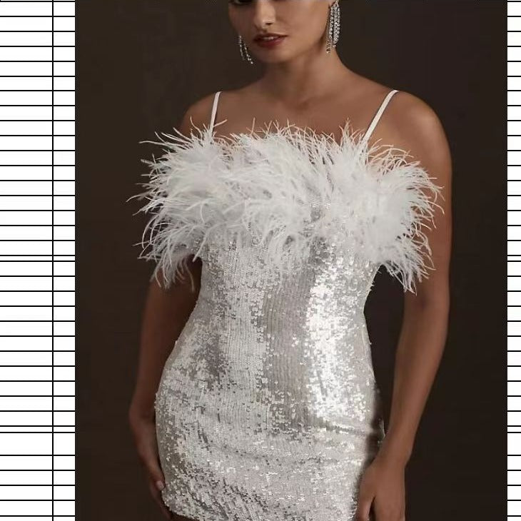 Damen Partykleid mit Pailletten und Federdetails Heidi-Mode