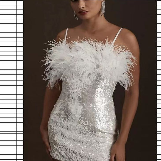 Damen Partykleid mit Pailletten und Federdetails Heidi-Mode