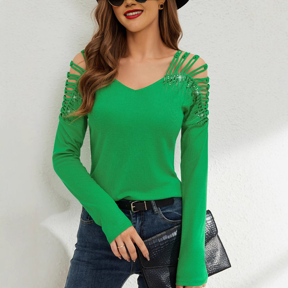 Damen Langarmshirt mit offenen Schultern und Strassverzierung Heidi-Mode