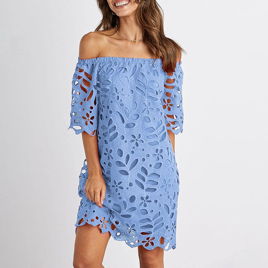Damen Off-Shoulder Kleid mit floralen Cut-Outs und luftigen Ärmeln Heidi-Mode