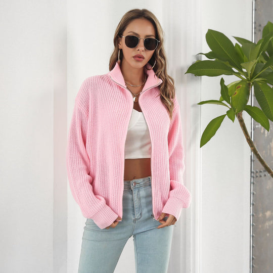 Damen lässiger Strickpulli mit hohem Kragen und Reißverschluss Heidi-Mode