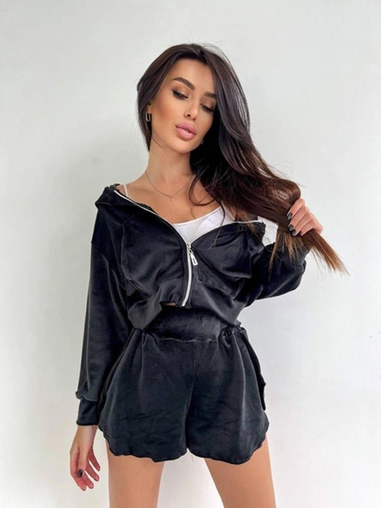 Damen Sportliches Cropped Freizeit-Set mit Reißverschluss und elastischem Bund Heidi-Mode