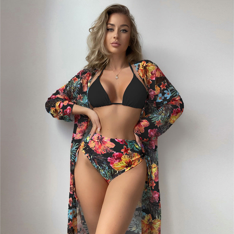 Damen Bikini-Set mit floralem Kimono und hoch taillierten Shorts Heidi-Mode