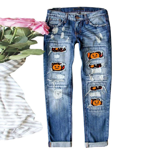 Damen Ripped Jeans mit Halloween-Motiv Heidi-Mode