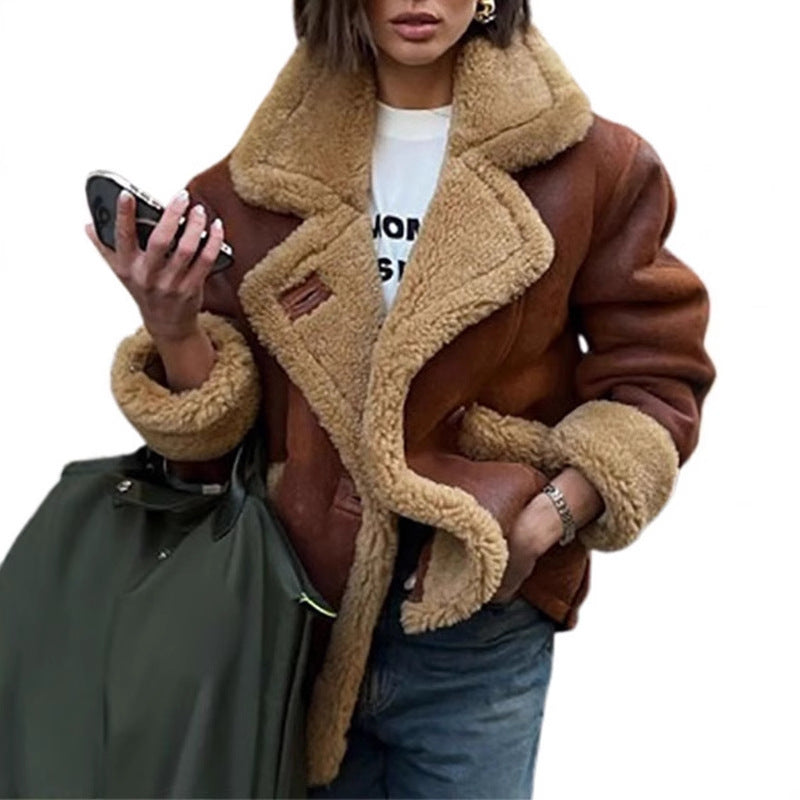 Damen Lässige und modische Teddyjacke mit großem Kragen und weich gefüttertem Innenleben Heidi-Mode
