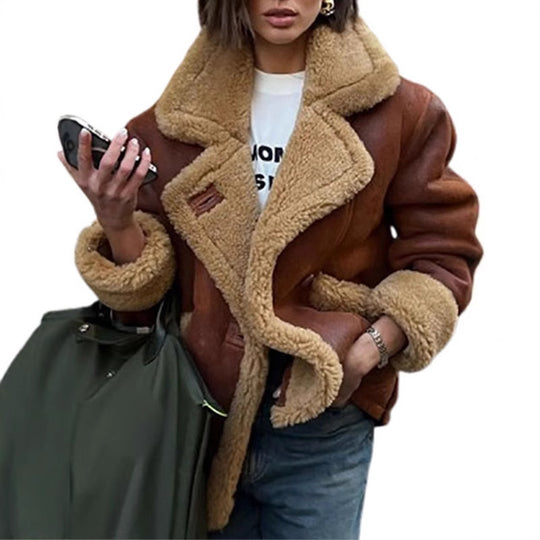 Damen Lässige und modische Teddyjacke mit großem Kragen und weich gefüttertem Innenleben Heidi-Mode