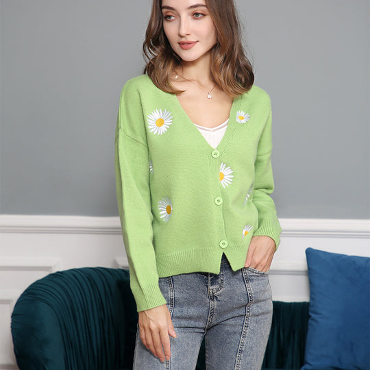 Damen Strickjacke mit floralem Muster und V-Ausschnitt Heidi-Mode