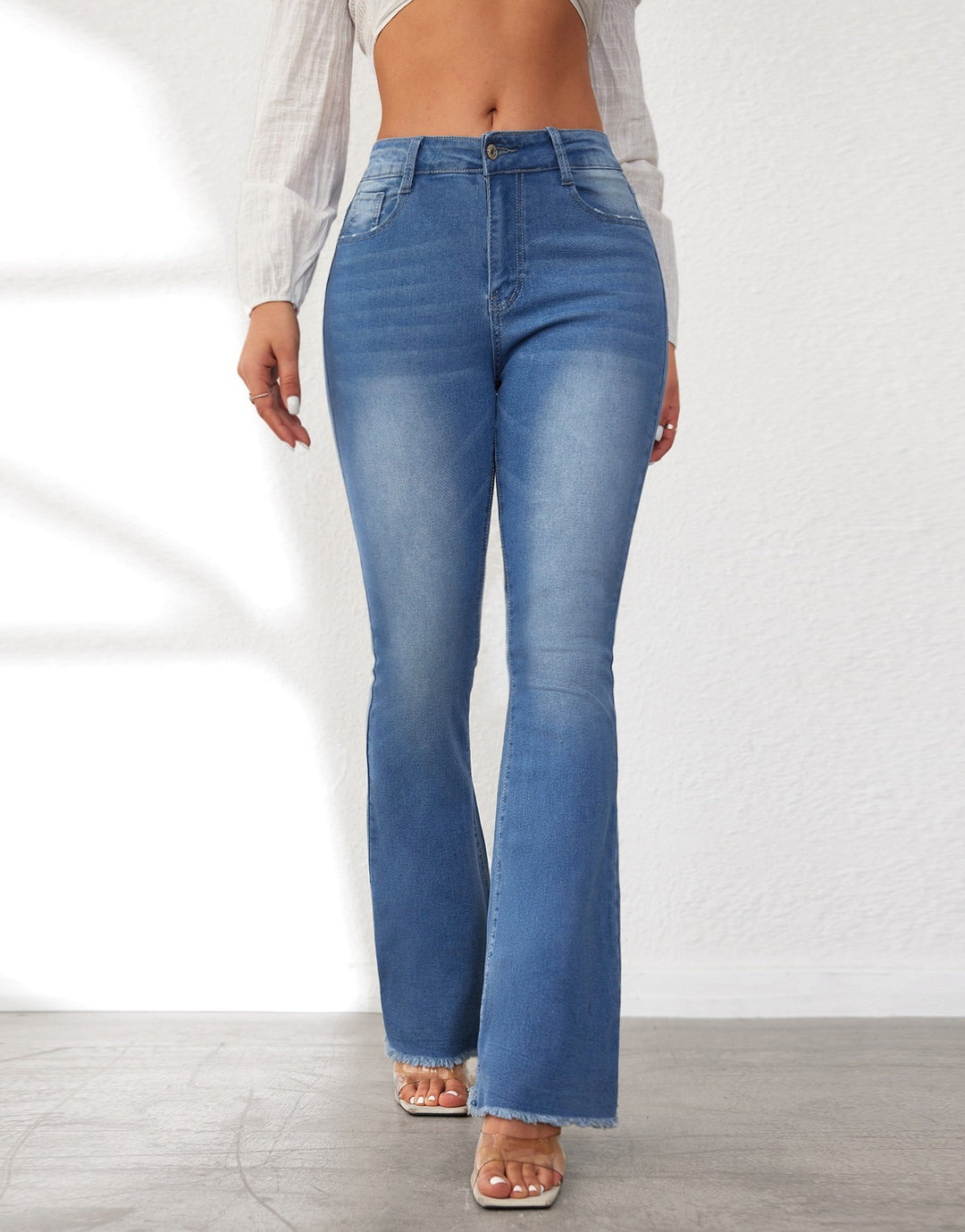 Damen Flared Jeans mit stylishen Fransen und hohem Bund Heidi-Mode