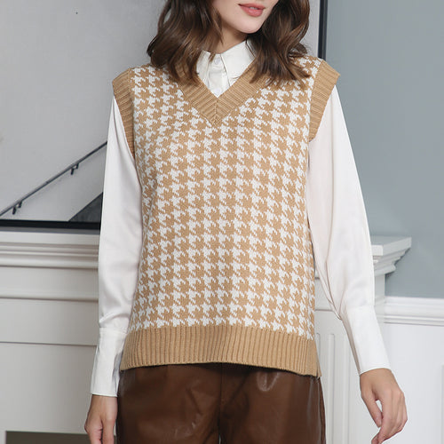 Damen ärmellose Strickweste mit modernem Hahnentrittmuster Heidi-Mode