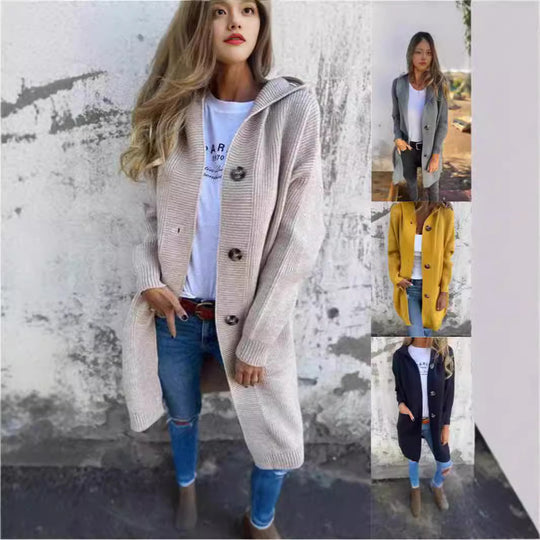 Damen Lange Strickjacke mit hochwertiger Rippstruktur und eleganten Knöpfen Heidi-Mode