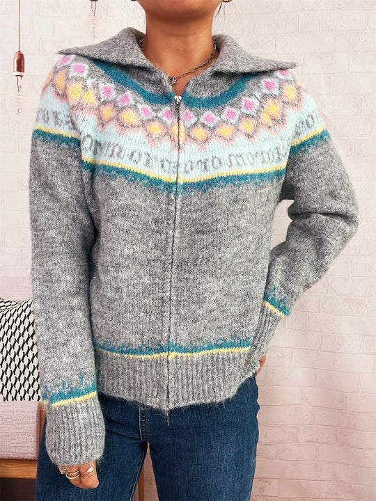 Damen Strickjacke mit buntem Muster und hochwertigem Reißverschluss Heidi-Mode