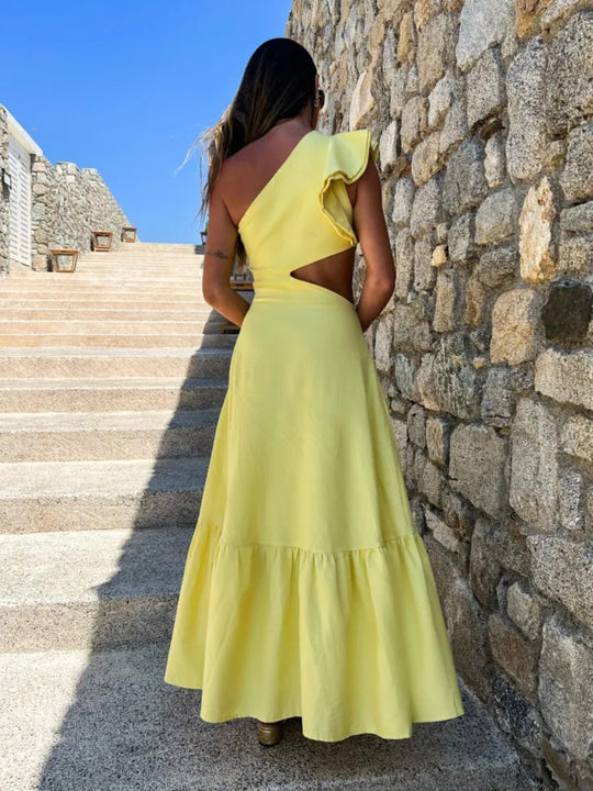 Damen Maxikleid mit asymmetrischem Design und verspieltem Rüschensaum Heidi-Mode