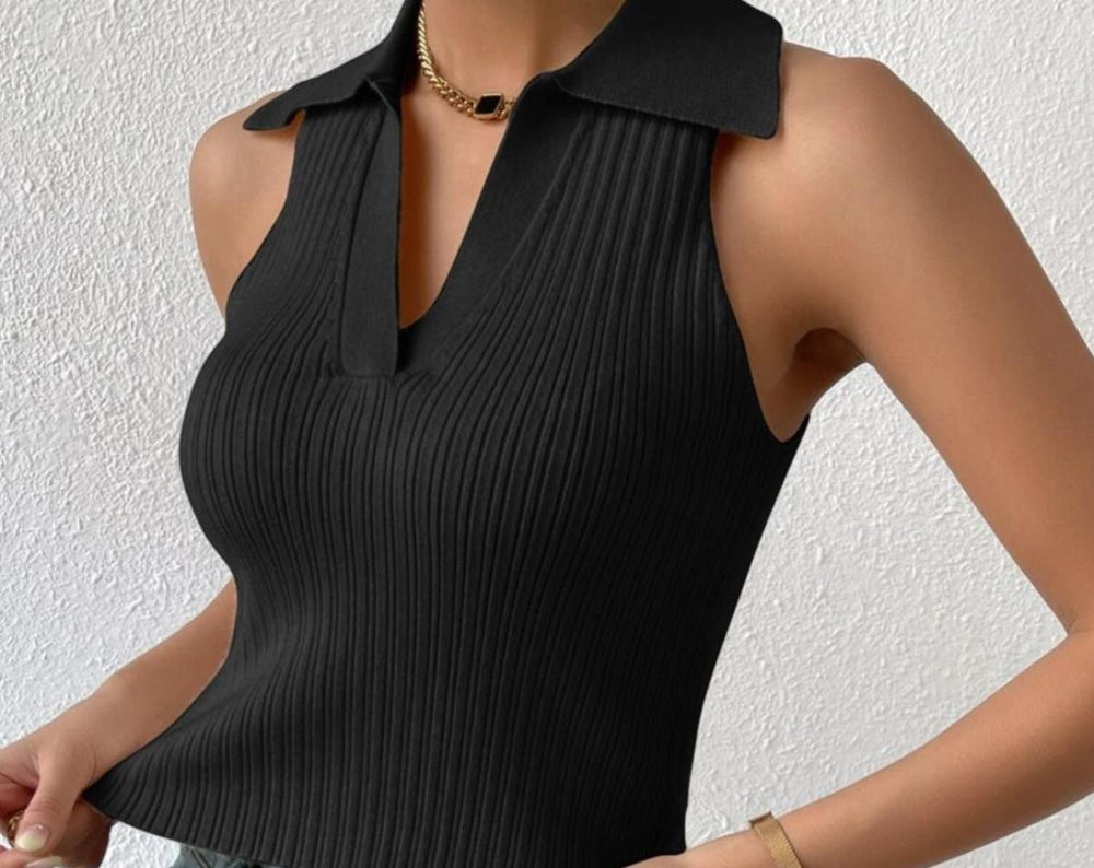 Damen Ärmelloses Strickoberteil mit modischem Kragen und Rippstruktur Heidi-Mode