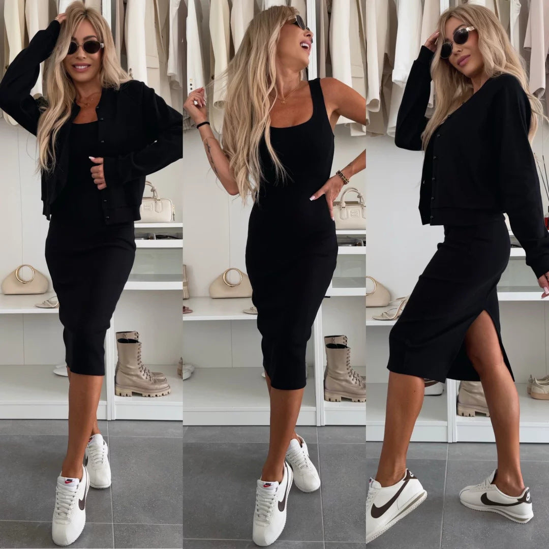 Damen elegantes Set aus figurbetontem Kleid und lässiger Jacke mit Druckknopf Heidi-Mode