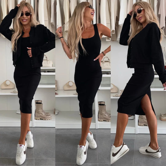 Damen elegantes Set aus figurbetontem Kleid und lässiger Jacke mit Druckknopf Heidi-Mode