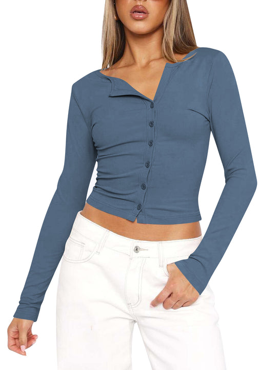 Damen figurbetontes Langarmshirt mit Knopfleiste und V-Ausschnitt Heidi-Mode