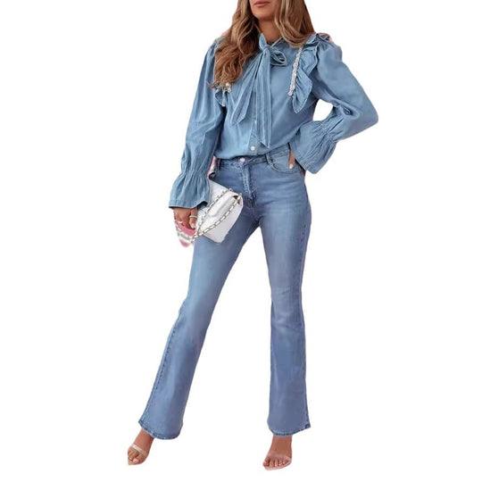 Damen Denim Hemd mit Rüschen und Schleifen-Details Heidi-Mode