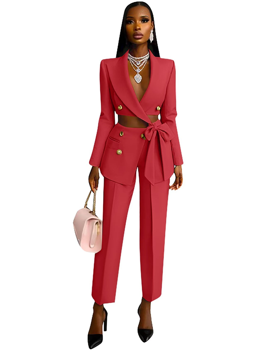 Damen Blazer Set mit hoch geschnittenem Oberteil und originellen Knöpfen Heidi-Mode