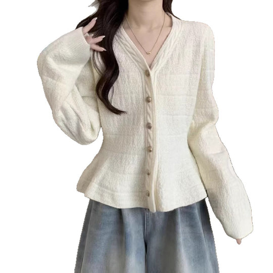 Damen elegante Strickjacke mit strukturiertem Design und femininen Puffärmeln Heidi-Mode
