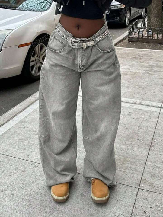 Damen Weit geschnittene Jeanshosen mit funkelndem Gürtel Heidi-Mode