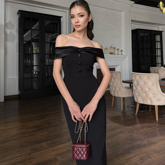 Damen Elegantes schulterfreies Maxikleid mit Knopfleiste Heidi-Mode