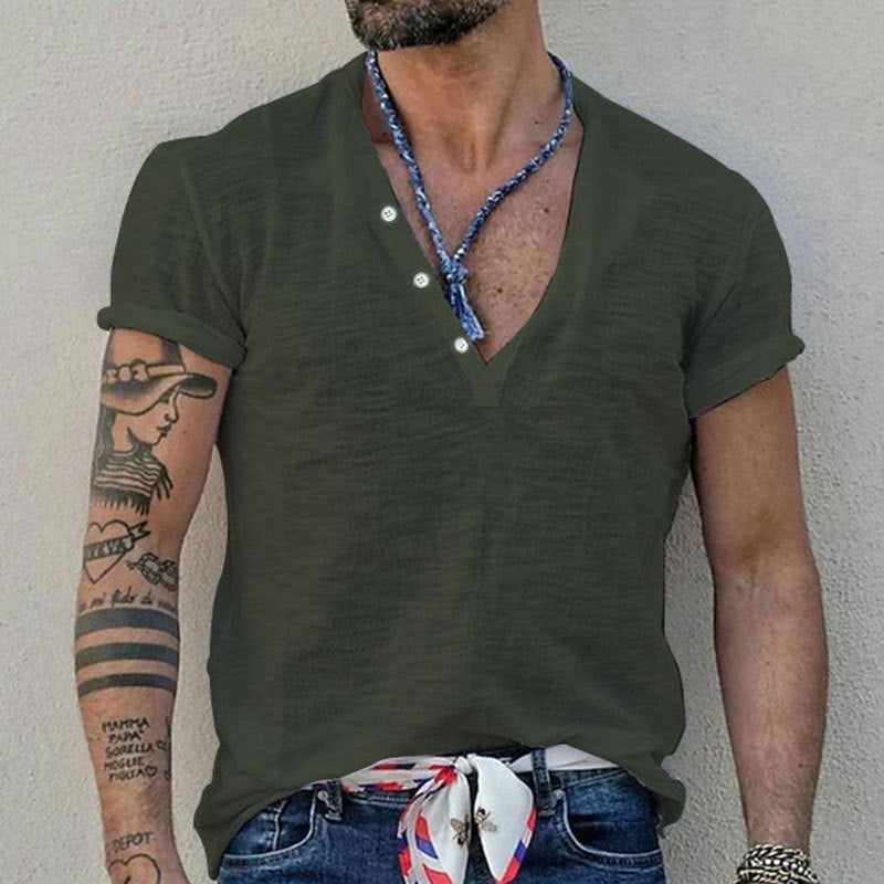 Herren Kurzarm Henley-Shirt mit dekorativen Knöpfen und atmungsaktiver Struktur Heidi-Mode