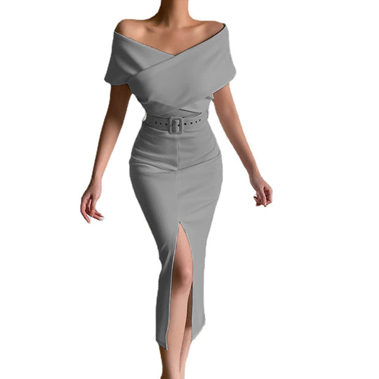 Damen Etuikleid mit schulterfreiem Design und hohem Schlitz Heidi-Mode