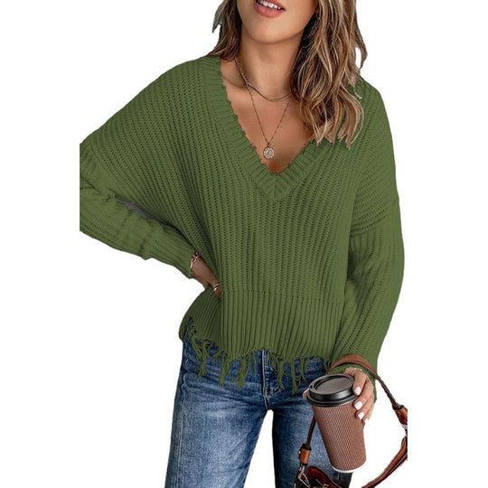 Damen V-Ausschnitt Strickpullover mit Fransen Heidi-Mode