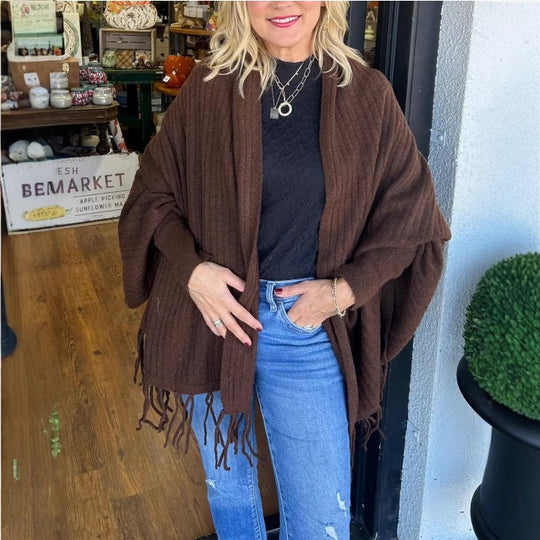 Damen vielseitiger Poncho mit Fransen Heidi-Mode