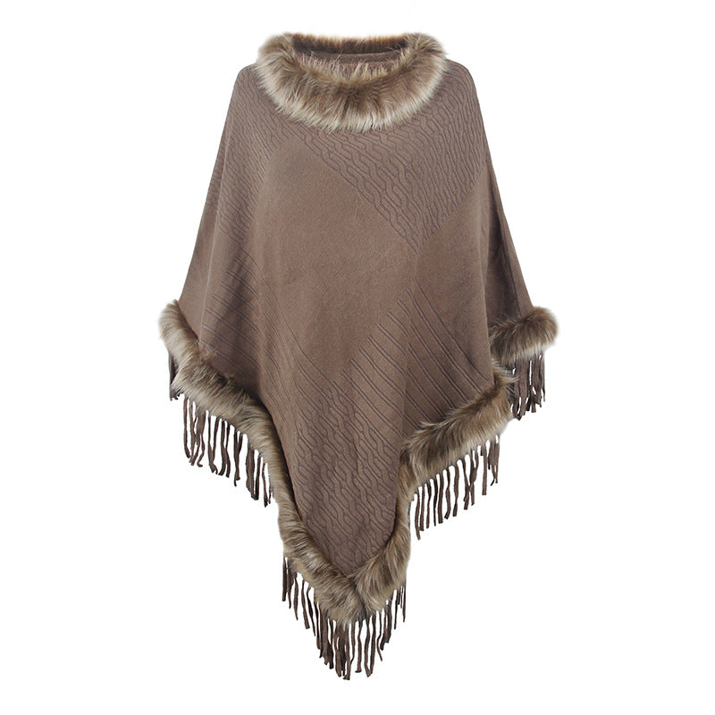 Damen eleganter Poncho mit luxuriösem Kunstfellkragen und dekadenten Fransen Heidi-Mode
