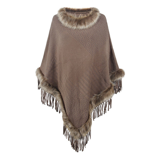 Damen eleganter Poncho mit luxuriösem Kunstfellkragen und dekadenten Fransen Heidi-Mode