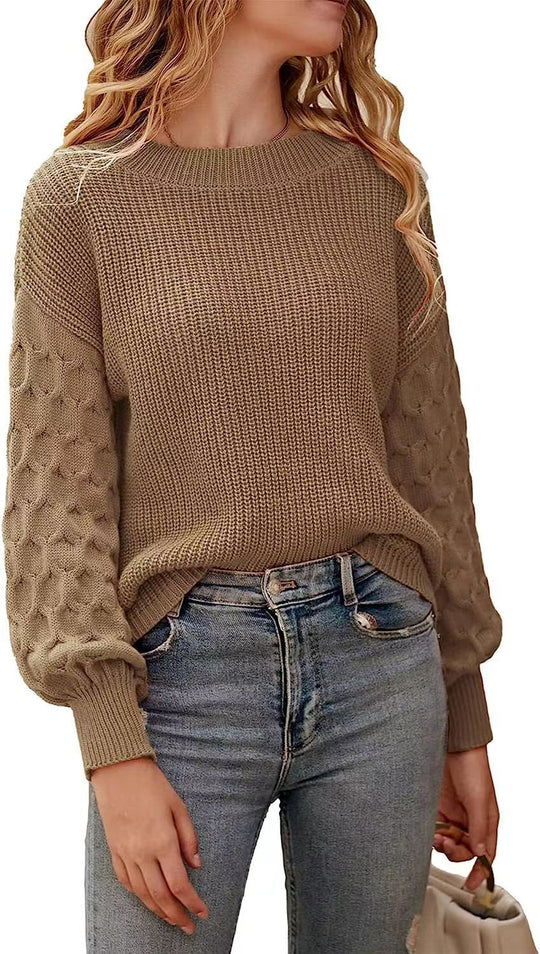 Damen modischer Strickpullover mit strukturierten Ärmeln und Rundhalsausschnitt Heidi-Mode