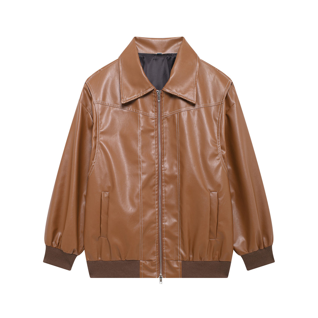 Damen Kunstlederjacke mit elastischen Bündchen und hochschließendem Kragen Heidi-Mode