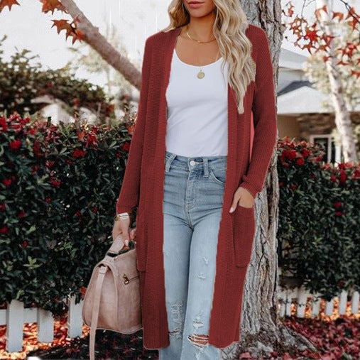 Damen Langer Strickcardigan mit elegantem offenes Design und praktischen Taschen Heidi-Mode