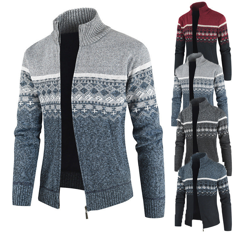 Herren Strickjacke mit Wintermuster und hohem Stehkragen Heidi-Mode
