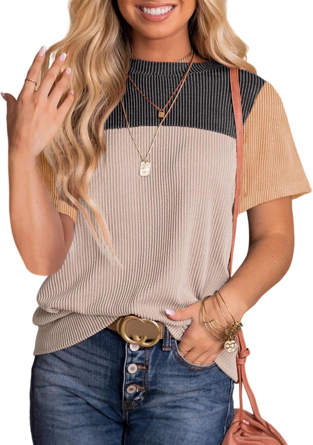 Damen modisches Rippoberteil mit kontrastierenden Farbblockdetails Heidi-Mode