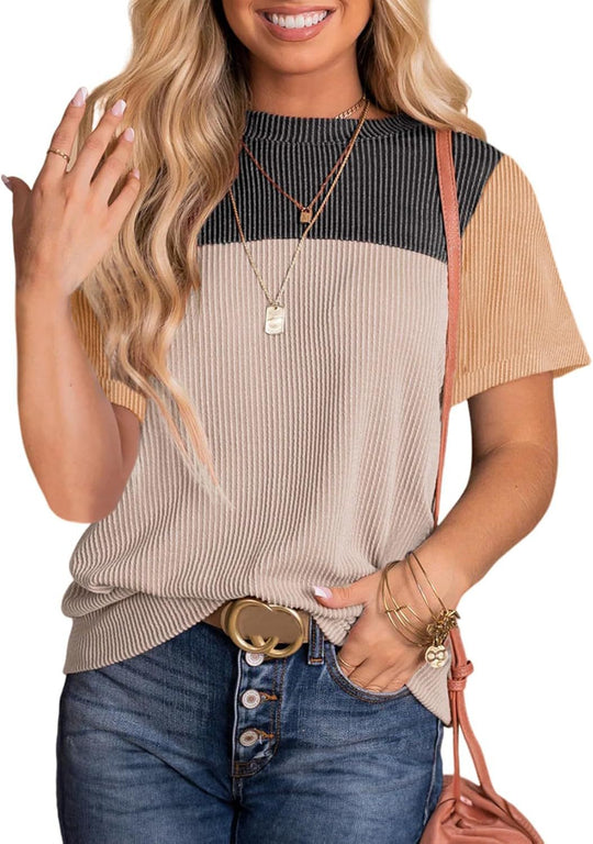 Damen modisches Rippoberteil mit kontrastierenden Farbblockdetails Heidi-Mode