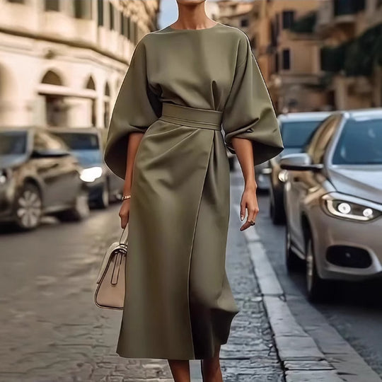 Damen Maxikleid mit eleganten Puffärmeln und Taillengürtel Heidi-Mode