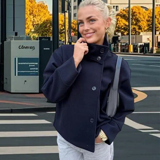 Damen Lässige Wolldecke-Jacke mit hohem Kragen und Knopfverschluss Heidi-Mode