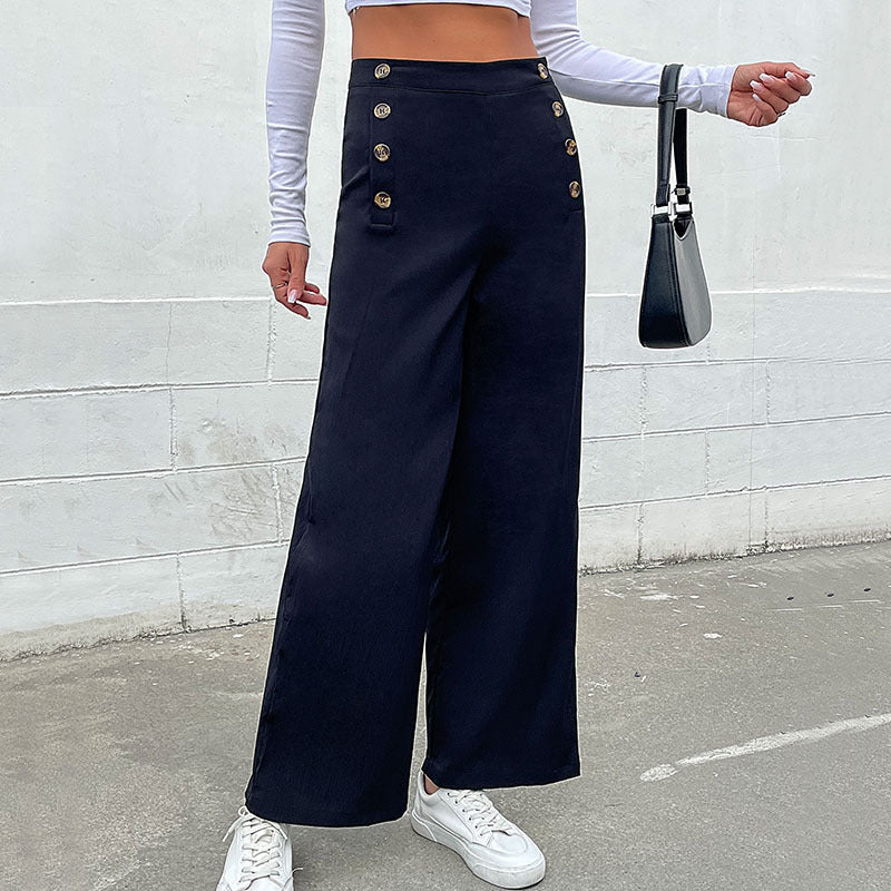 Damen Weite Stoffhose mit dekorativen Knopfdetails Heidi-Mode